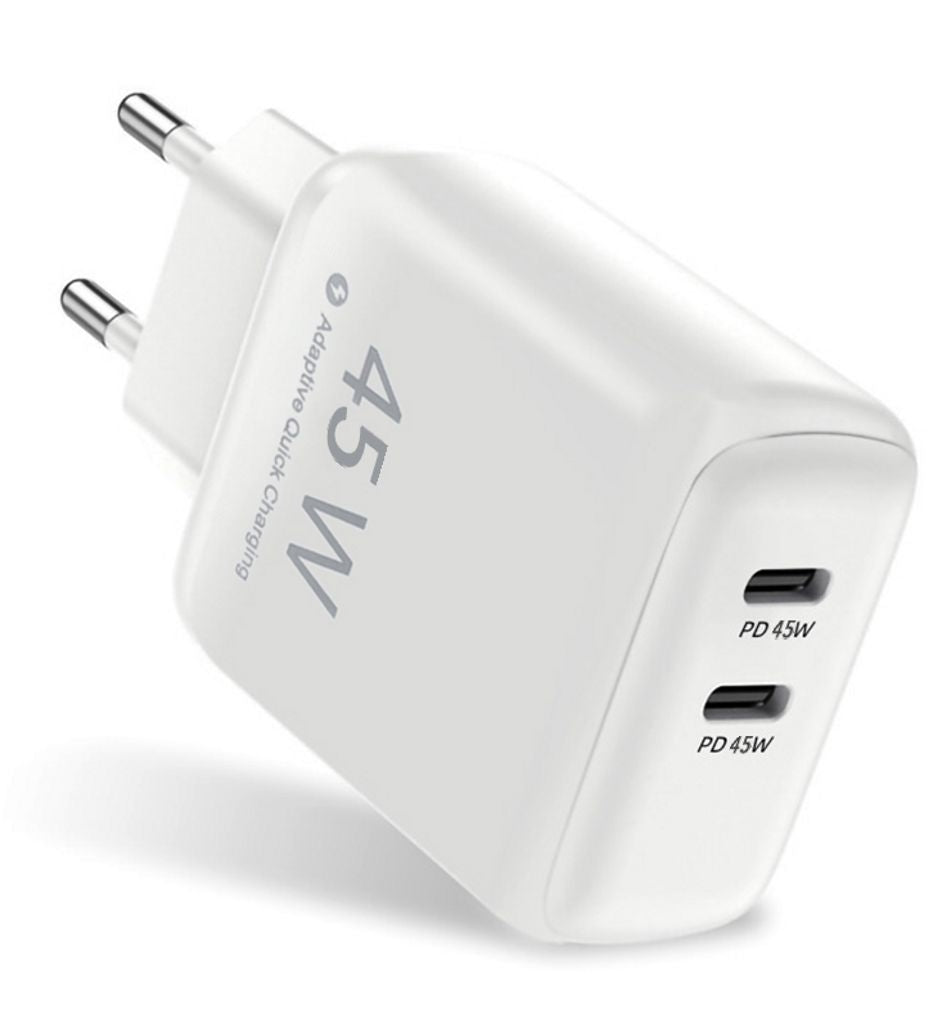 Dual USB-C PD Charger 45W for Laptop & Smartphones - White