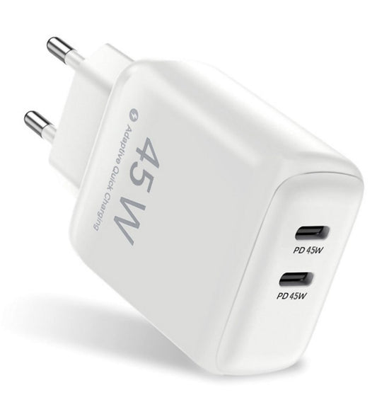 Dual USB-C PD Charger 45W for Laptop & Smartphones - White