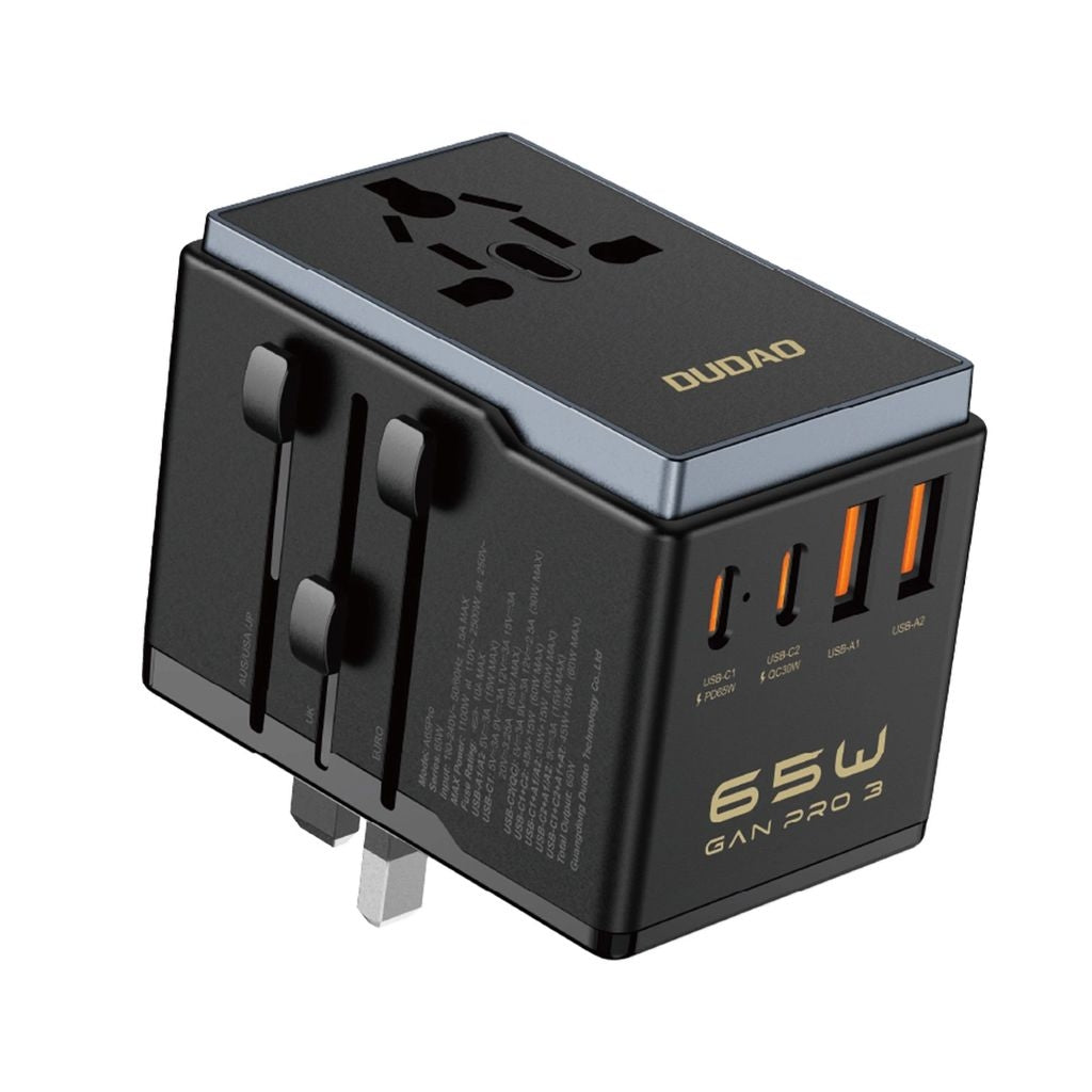 Dudao travel adapter 65W EU/US/JP/AUS/UK, 2x USB-C/2x USB-A - Black