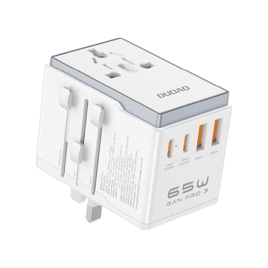 Dudao travel adapter 65W EU/US/JP/AUS/UK 2x USB-C 2x USB-A - White