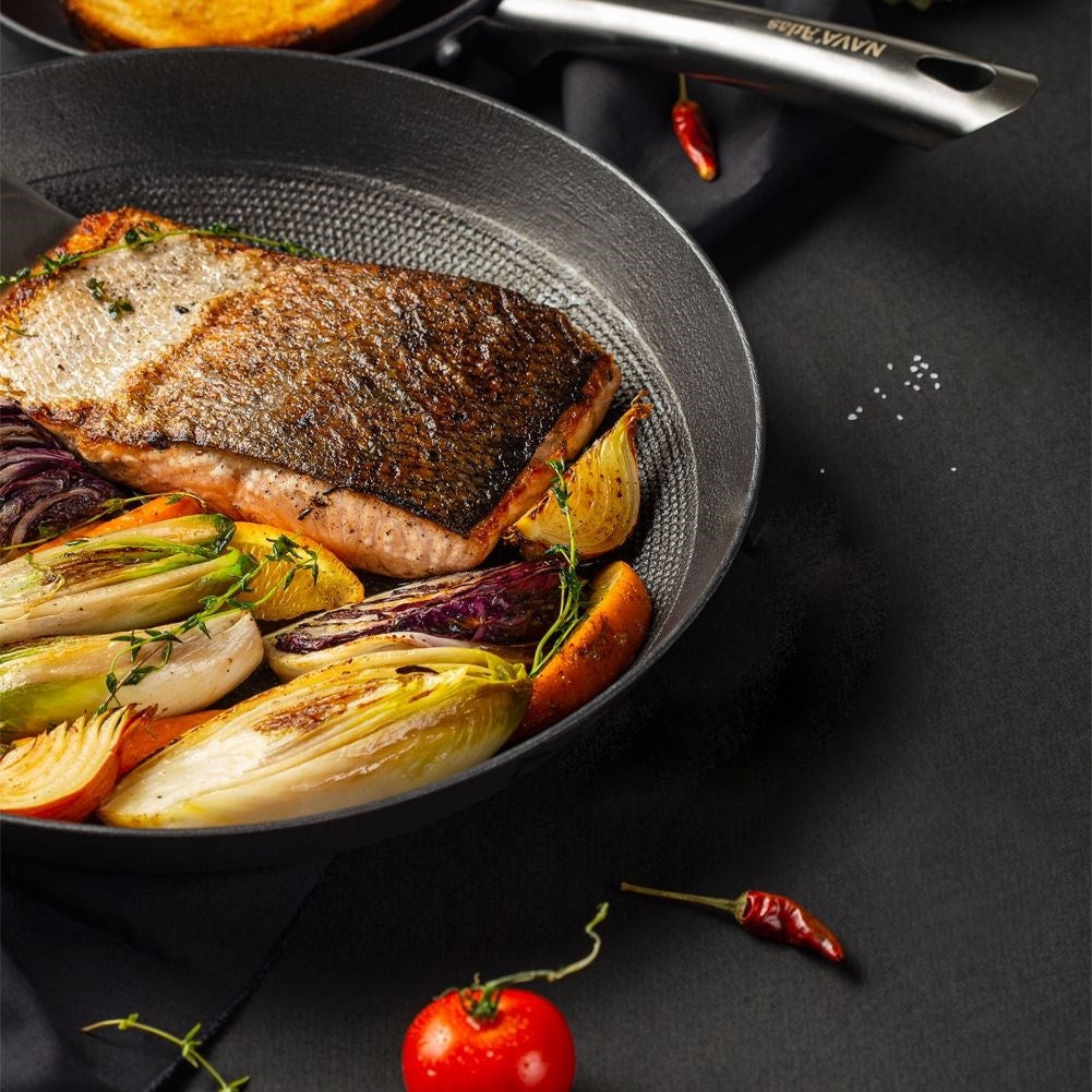 Durable cast iron pan with non-stick for frying and oven