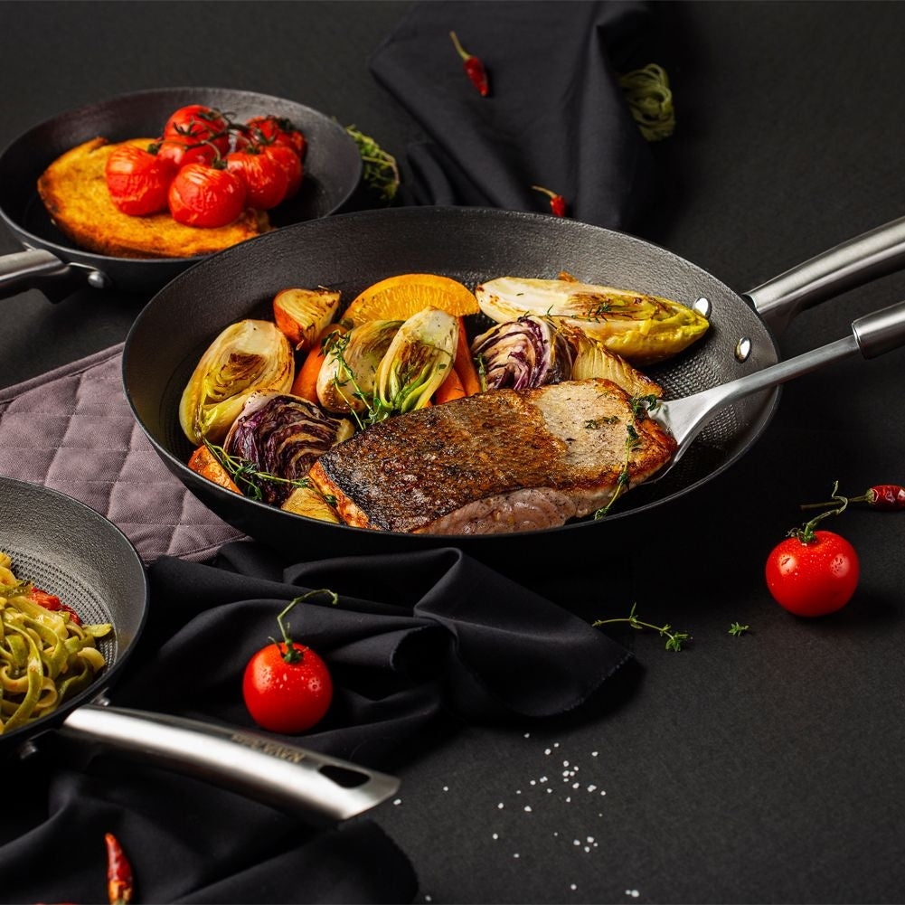 Durable cast iron pan with non-stick for frying and oven
