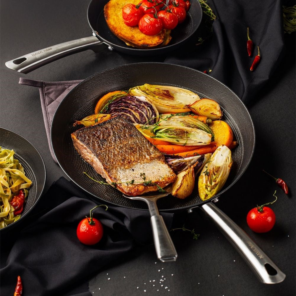 Durable cast iron pan with non-stick for frying & oven