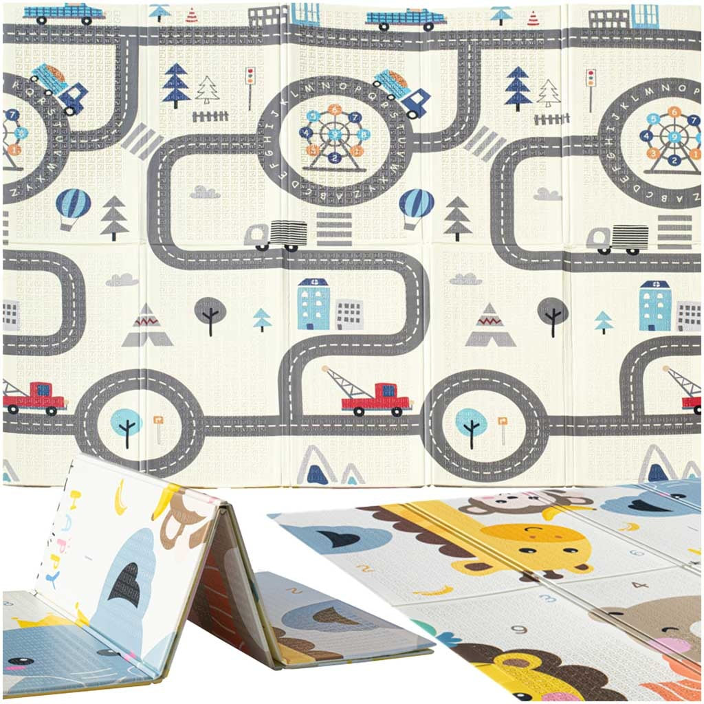 Educational folding double-sided foam mat 179x198 animals/street