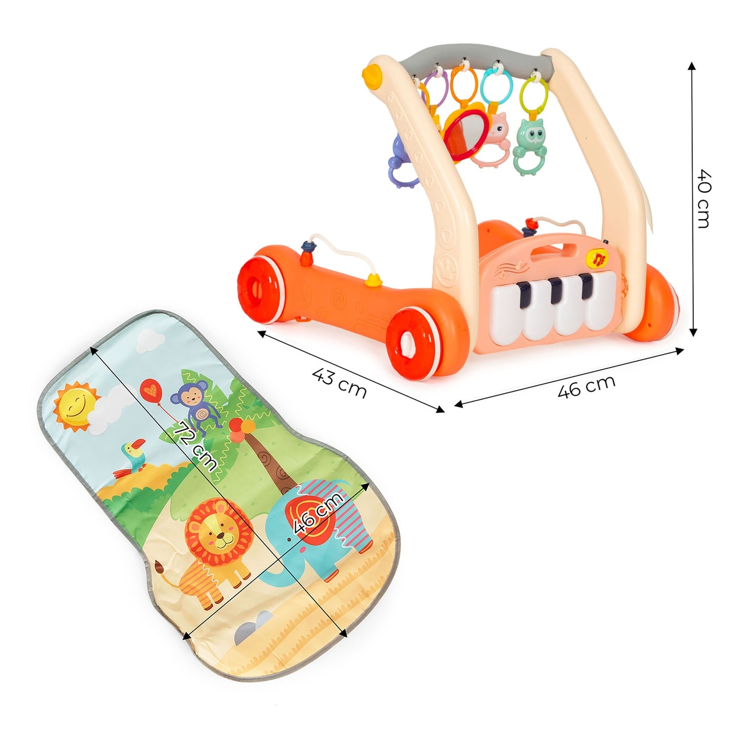Educational mat 2in1 walker + interactive mat with piano for children 0+ red