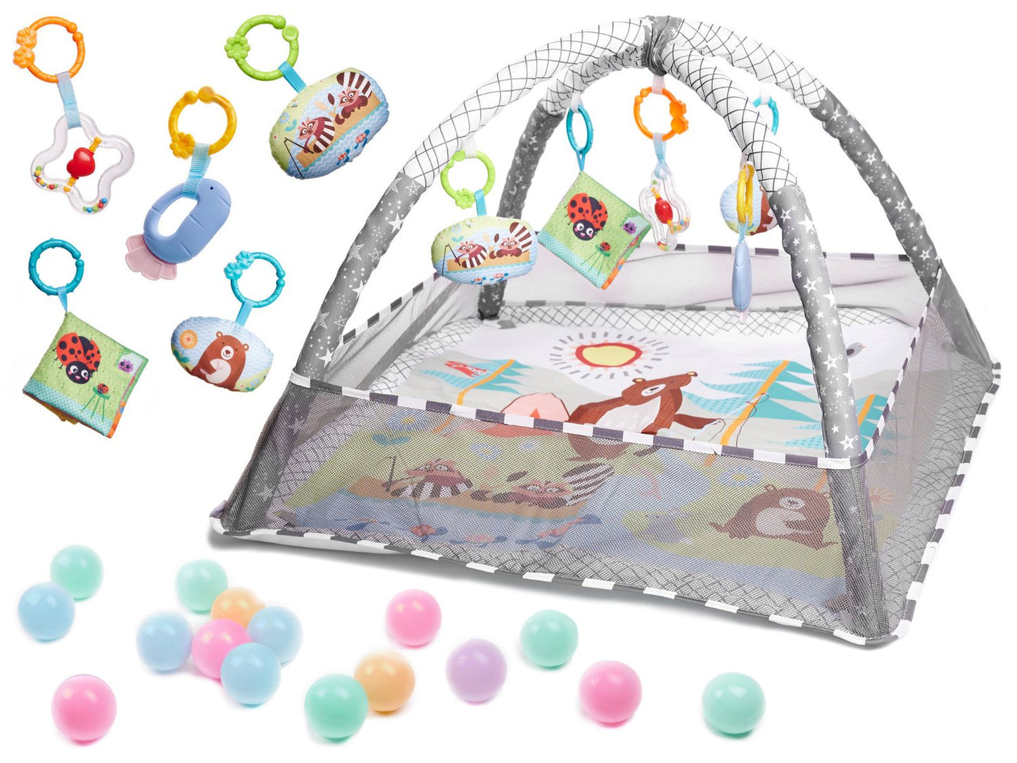 Educational mat with paddles Playpen with balls grey
