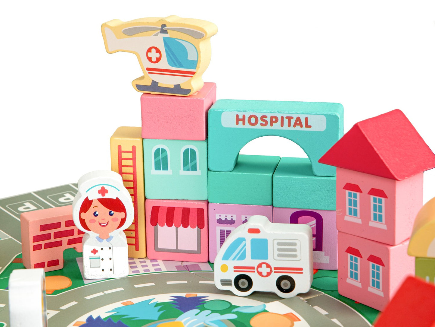 Educational wooden blocks city set mat 121 pcs