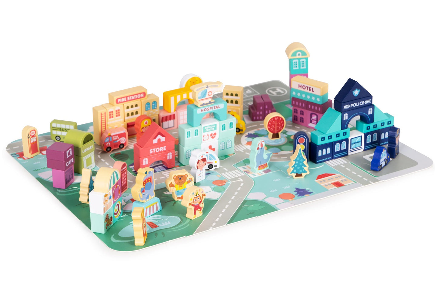 Educational wooden blocks city set mat 121 pcs