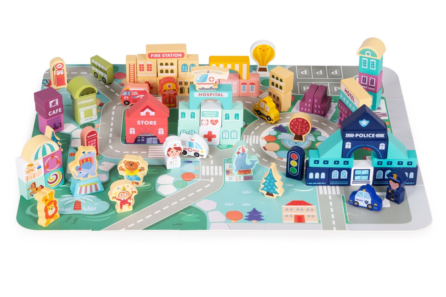 Educational wooden blocks city set mat 121 pcs