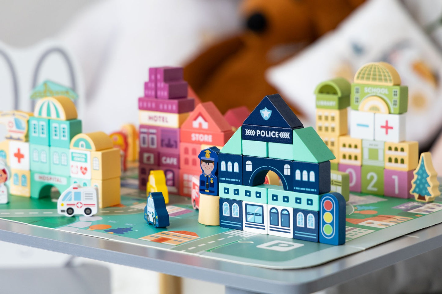 Educational wooden blocks city set mat 121 pcs
