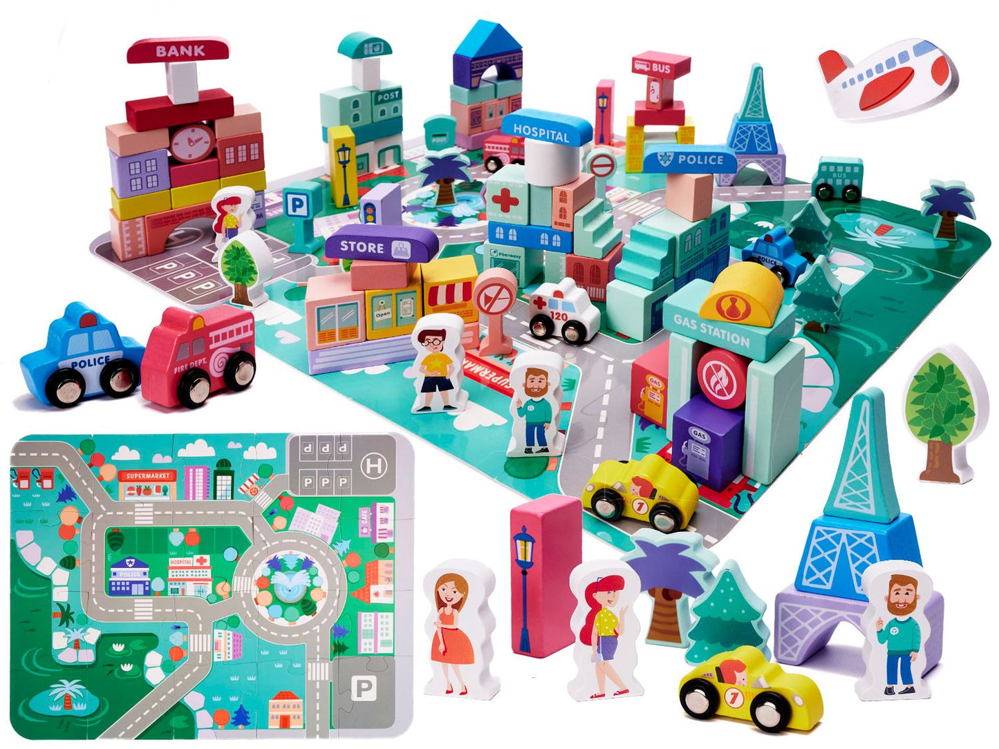 Educational wooden city puzzle blocks 128el.