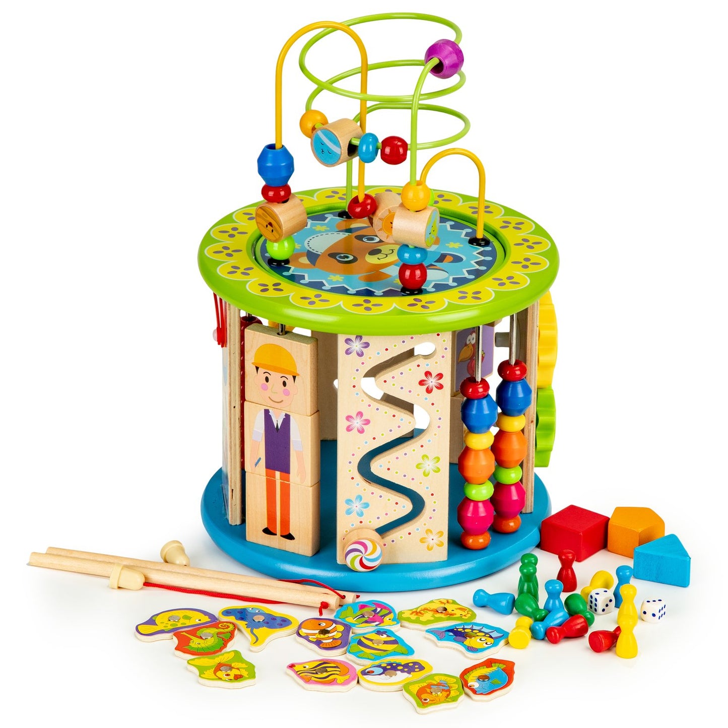 Educational wooden cube with games, blocks, fishing
