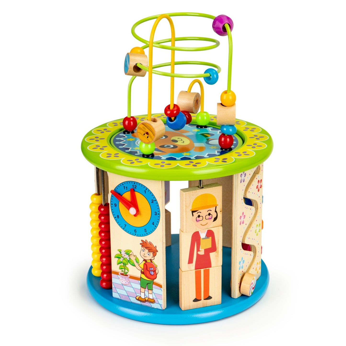 Educational wooden cube with games, blocks, fishing
