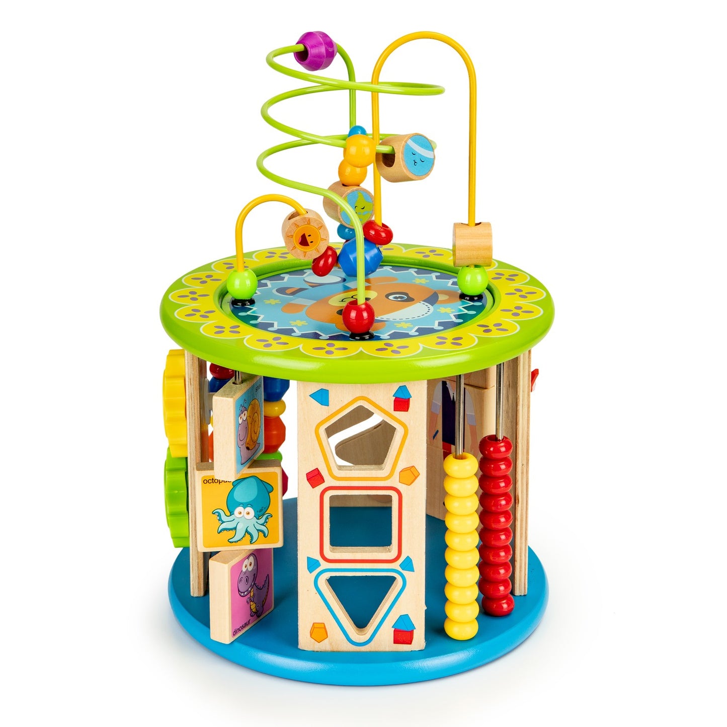 Educational wooden cube with games, blocks, fishing