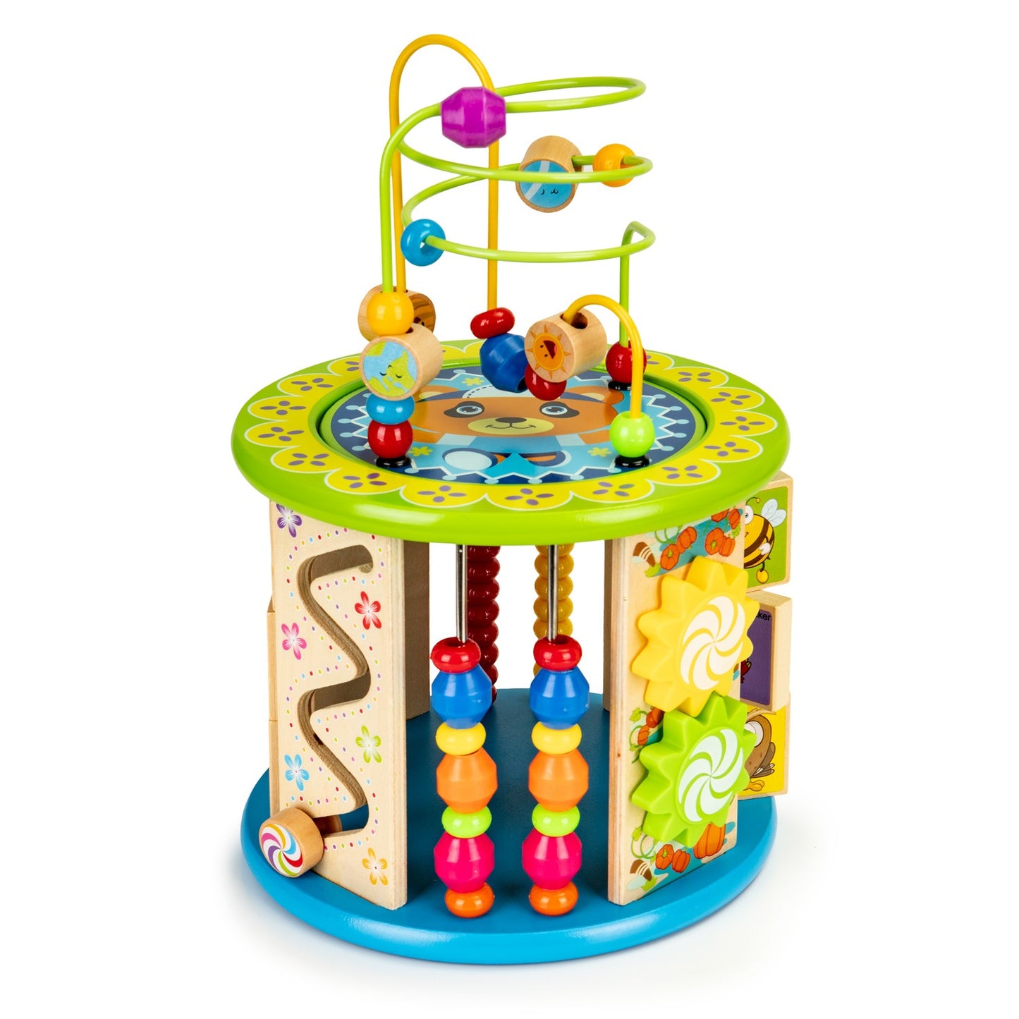 Educational wooden cube with games, blocks, fishing