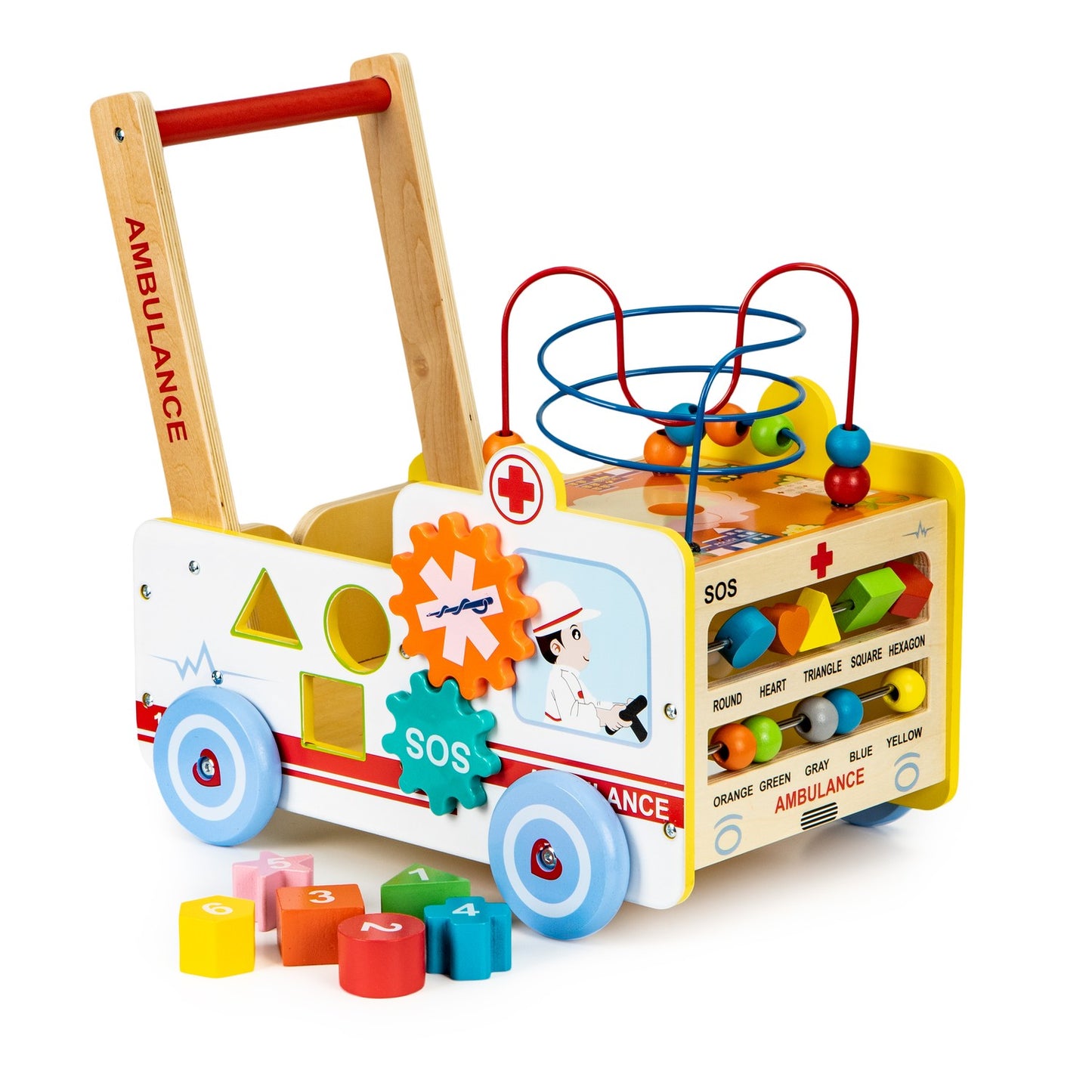 Educational wooden pusher Ambulance 2in1 with cube + blocks