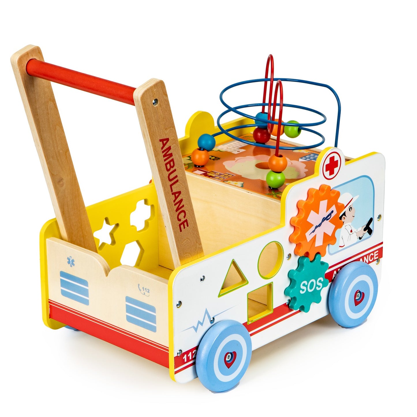 Educational wooden pusher Ambulance 2in1 with cube + blocks