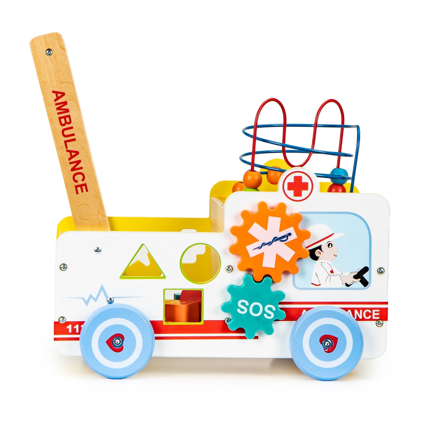 Educational wooden pusher Ambulance 2in1 with cube + blocks