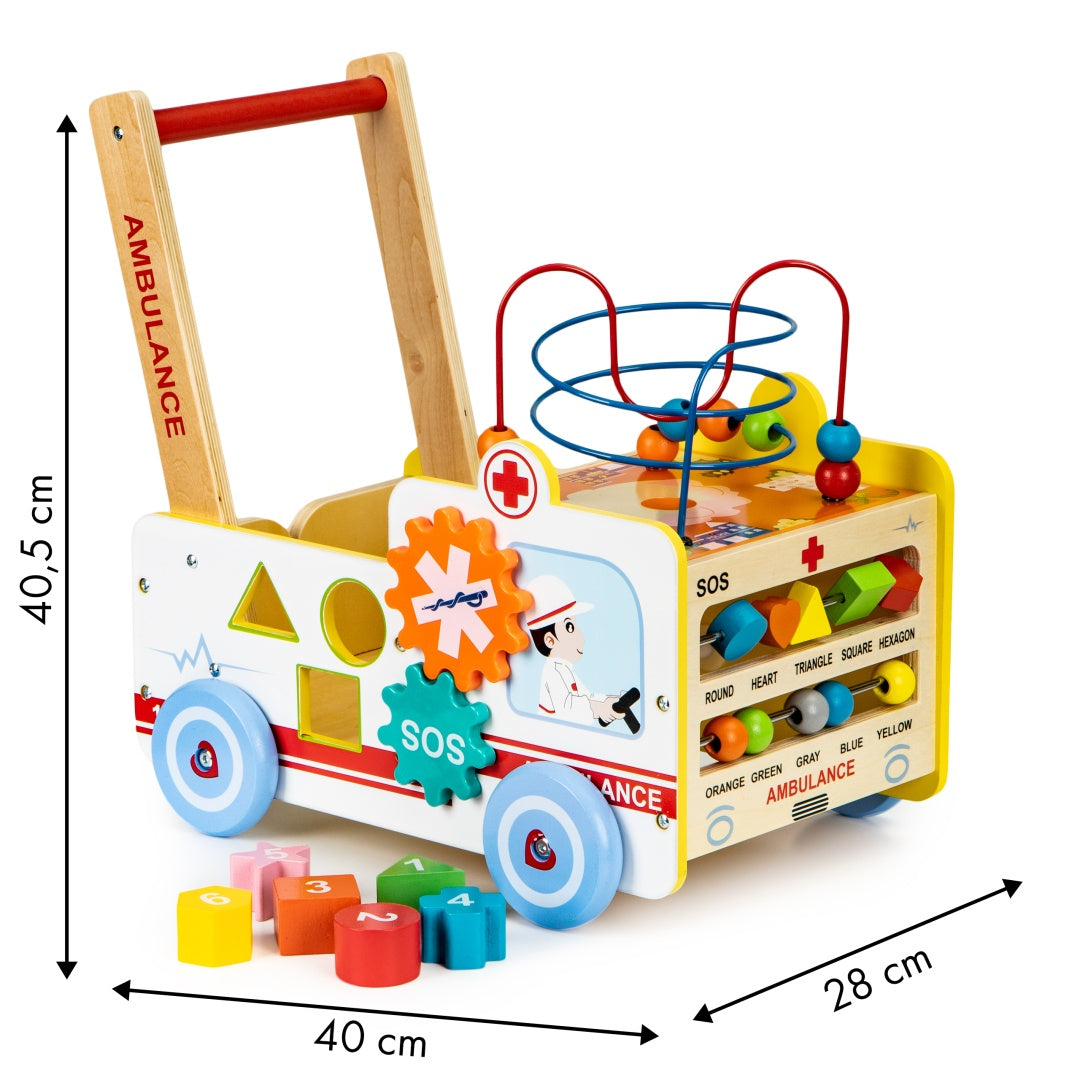 Educational wooden pusher Ambulance 2in1 with cube + blocks