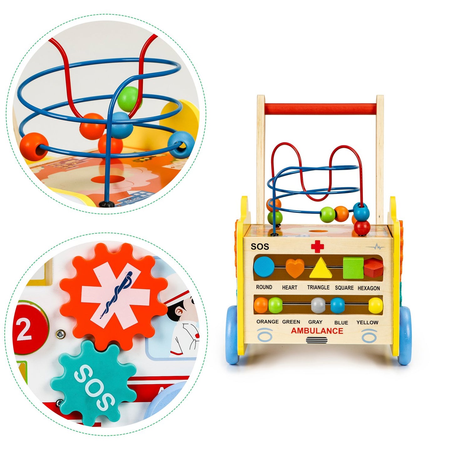 Educational wooden pusher Ambulance 2in1 with cube + blocks