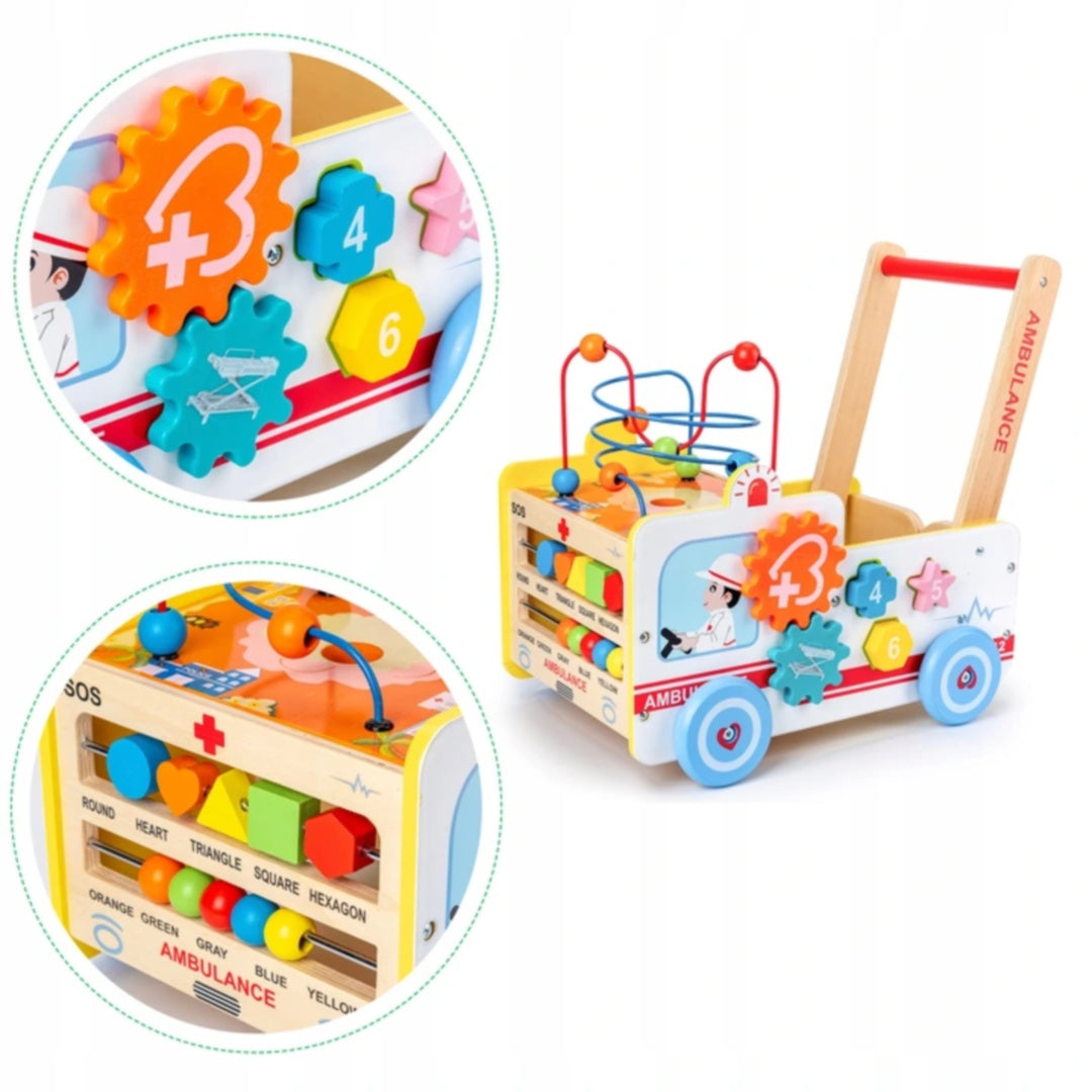 Educational wooden pusher Ambulance 2in1 with cube + blocks