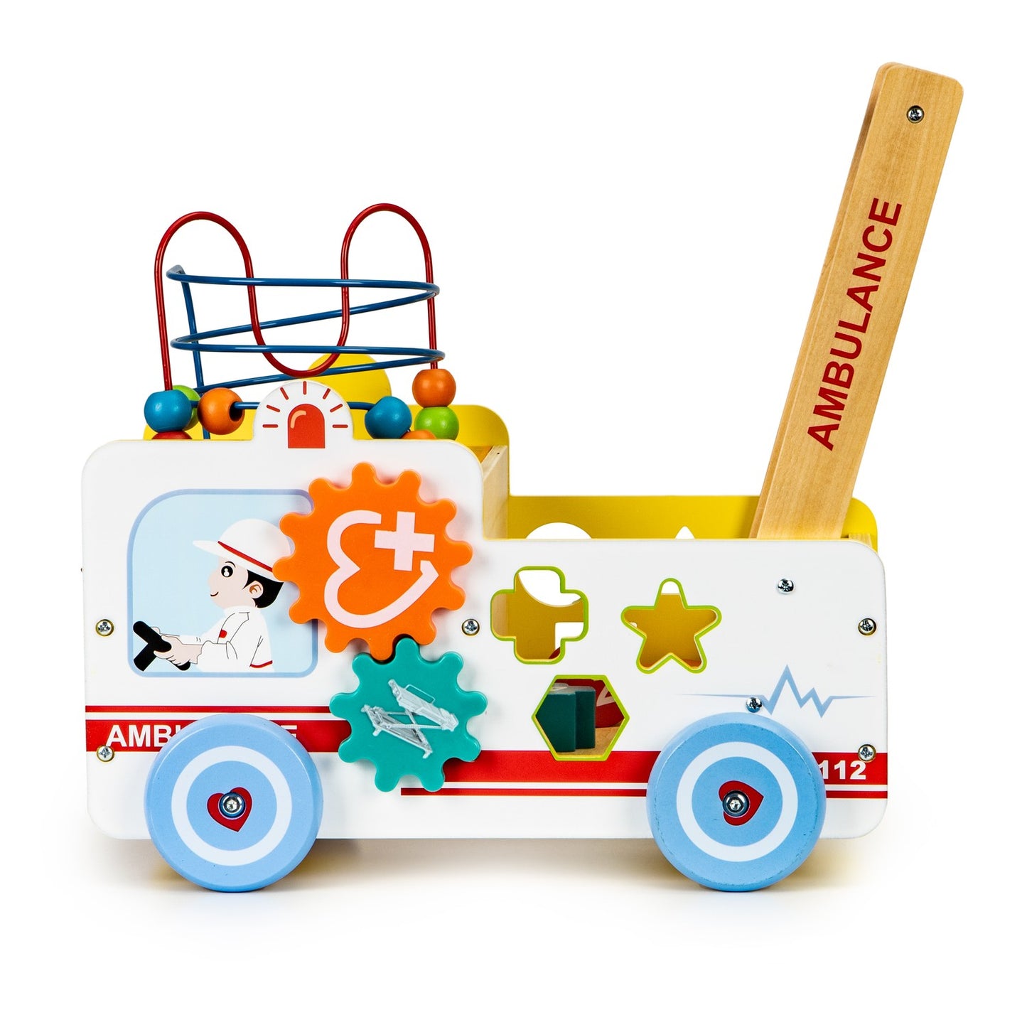 Educational wooden pusher Ambulance 2in1 with cube + blocks