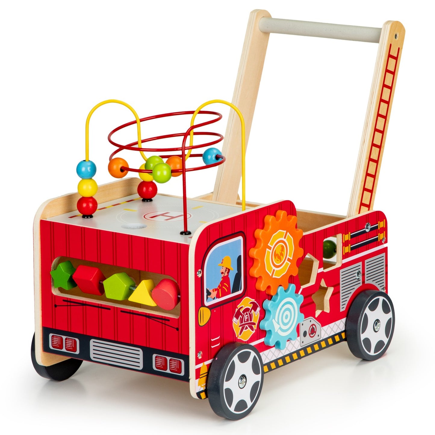 Educational wooden pusher with blocks for children - Fire Department