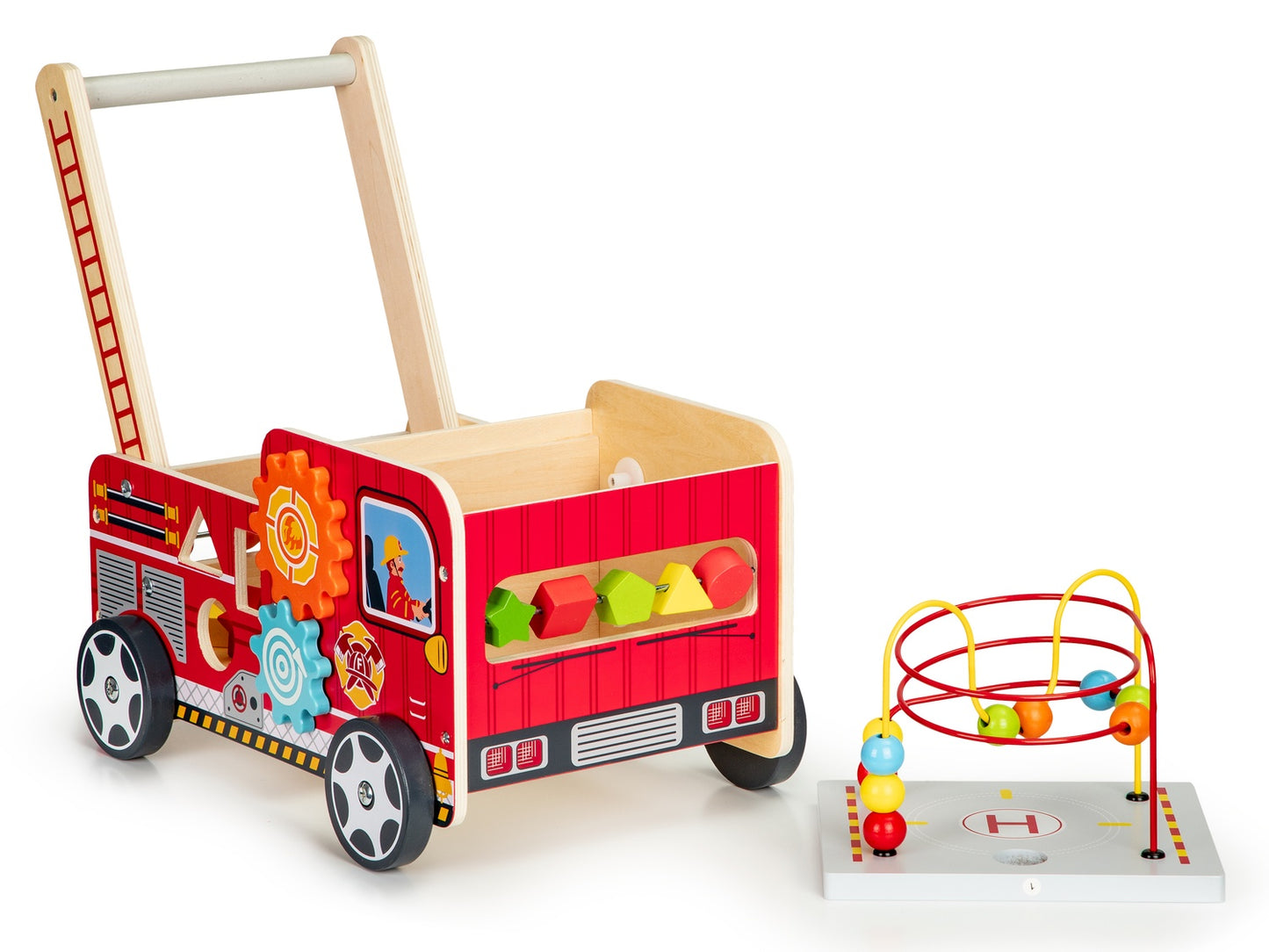 Educational wooden pusher with blocks for children - Fire Department