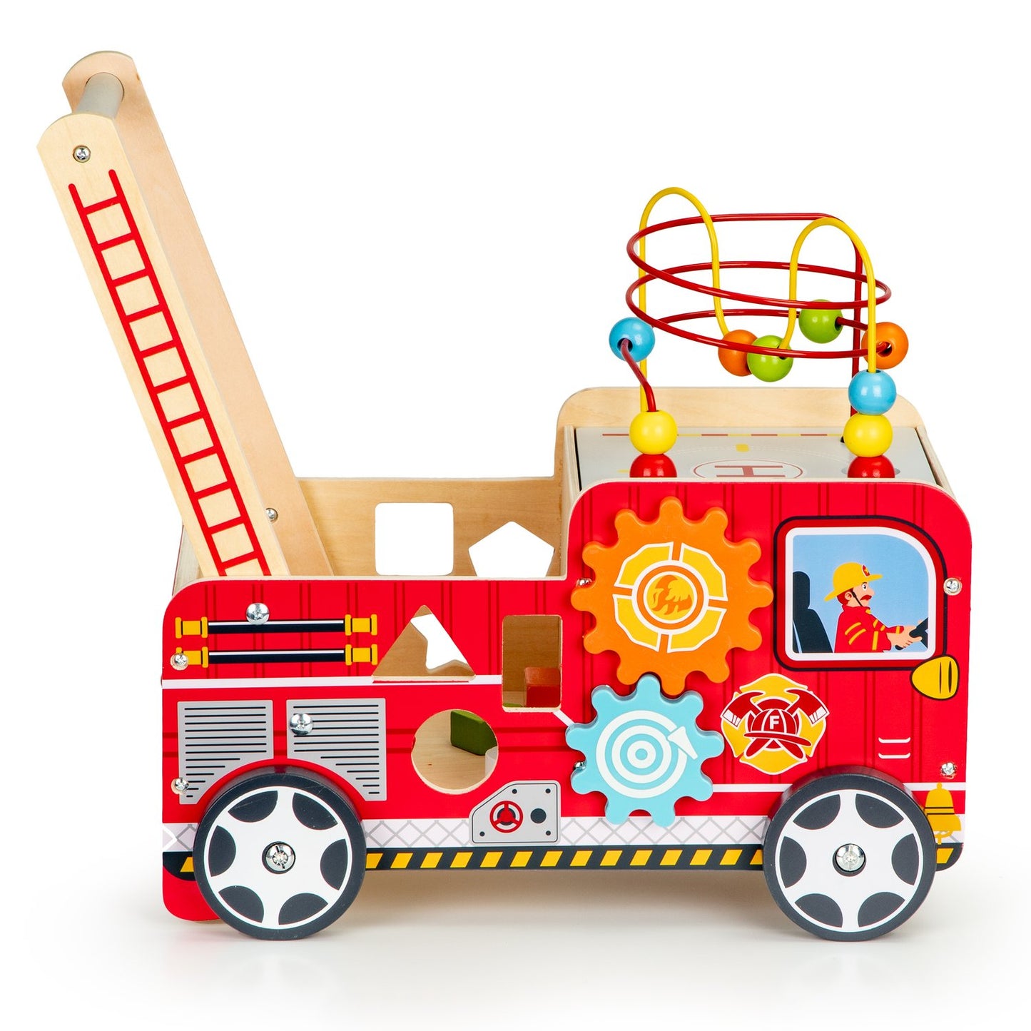 Educational wooden pusher with blocks for children - Fire Department