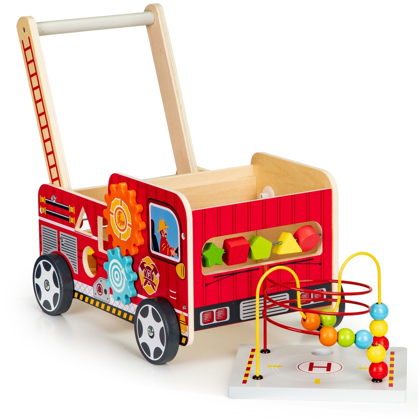 Educational wooden pusher with blocks for children - Fire Department