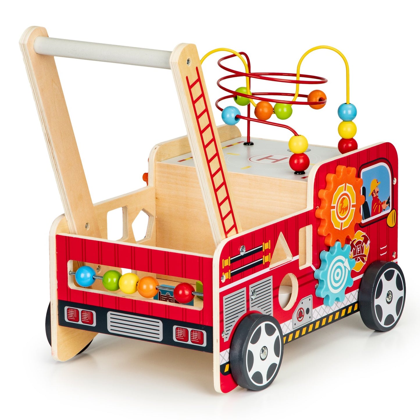 Educational wooden pusher with blocks for children - Fire Department