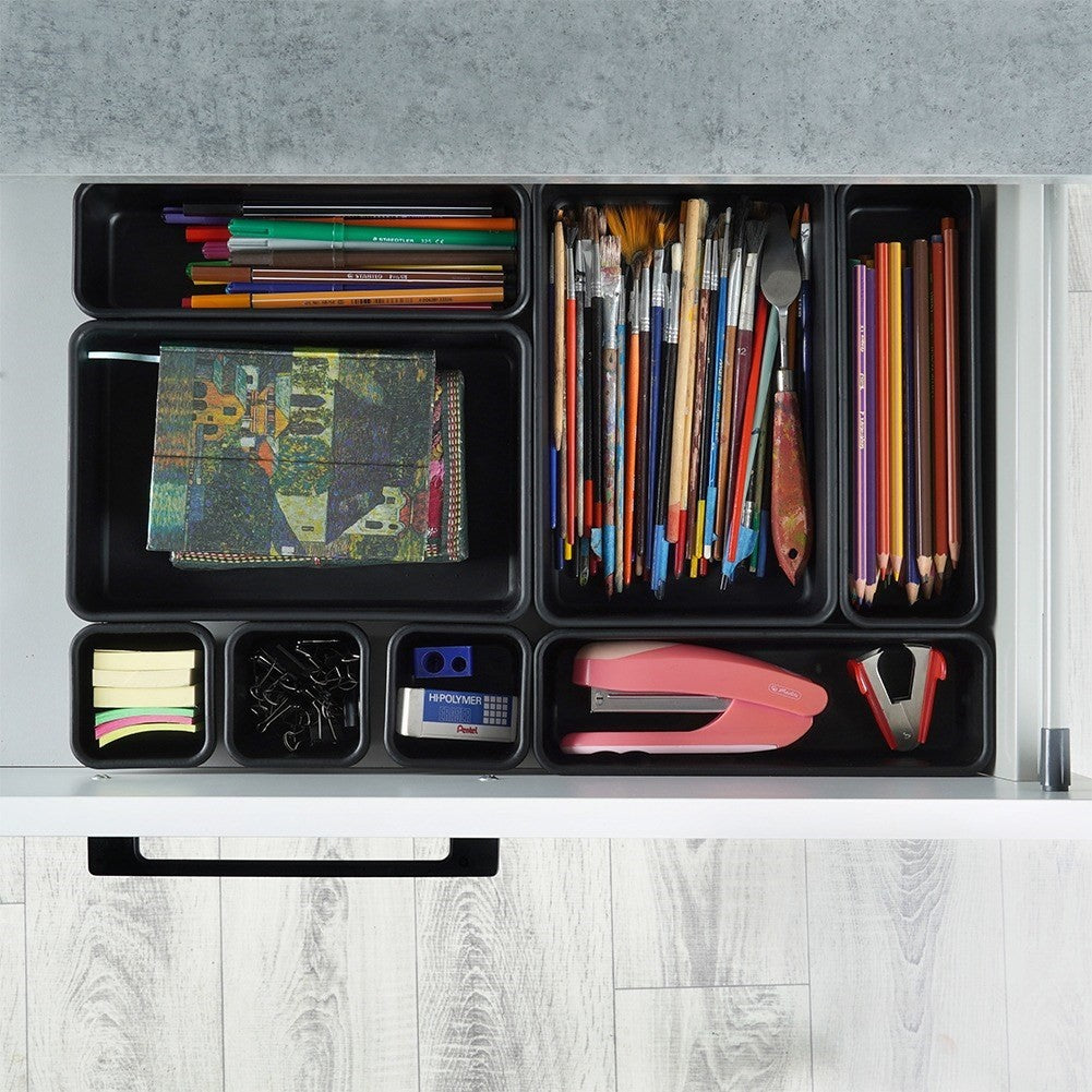Eight drawer organizers in three sizes for office and home