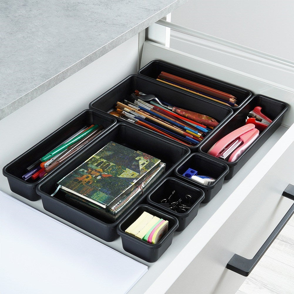 Eight drawer organizers in three sizes for office and home