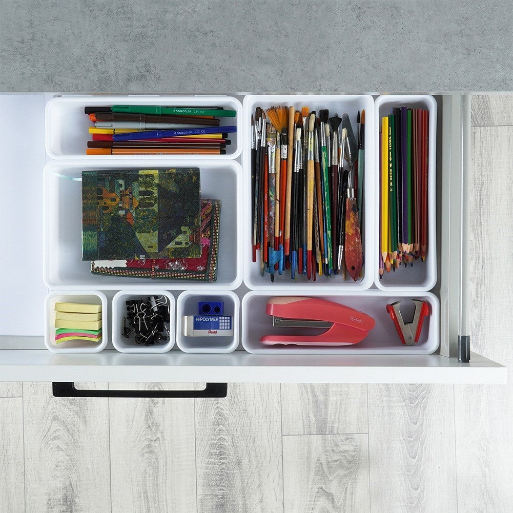 Eight drawer organizers in three sizes for office and makeup