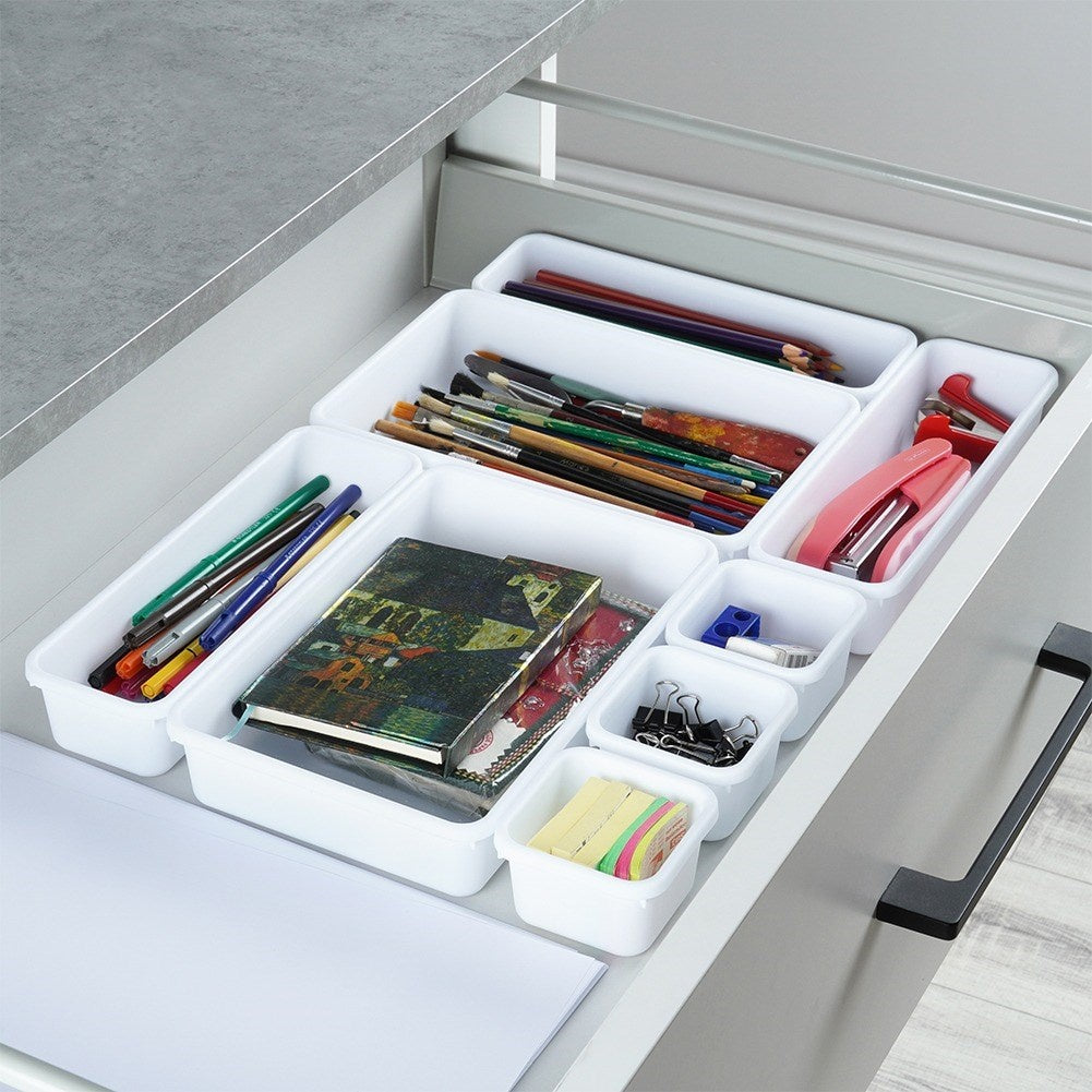 Eight drawer organizers in three sizes for office and makeup