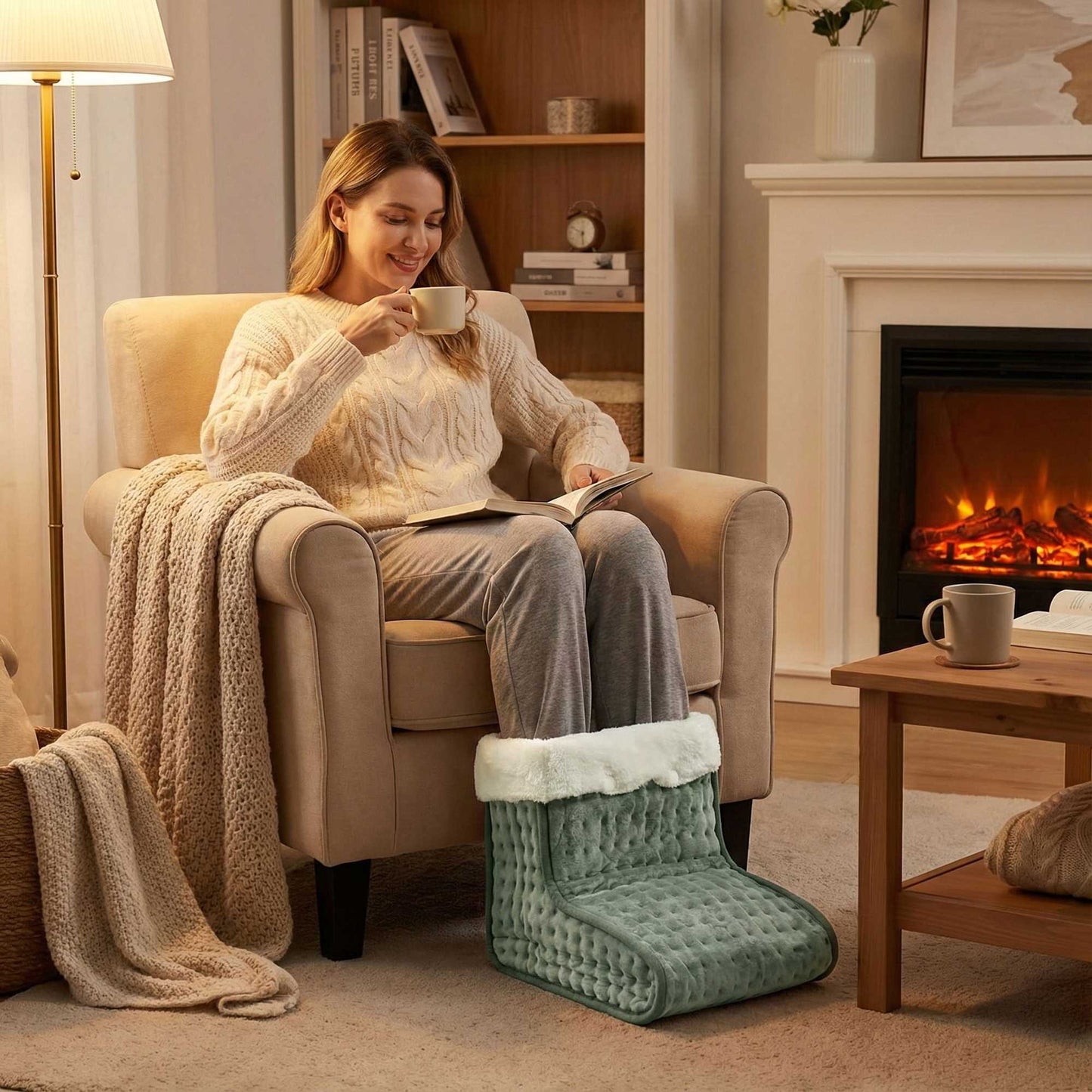 Electric Foot Warmer with Remote, 10 Heat Levels, Light Grey