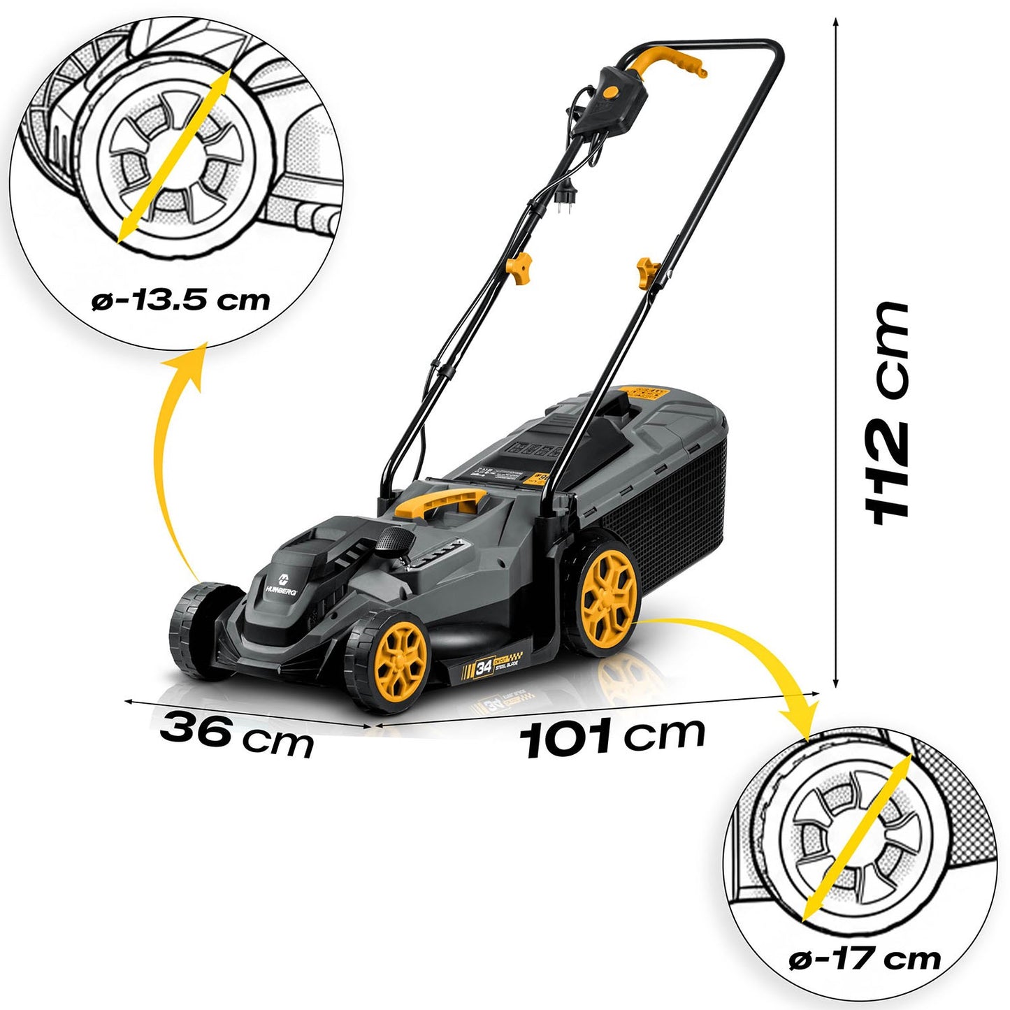 Electric Lawn Mower, 1400W, 34cm Cutting Width
