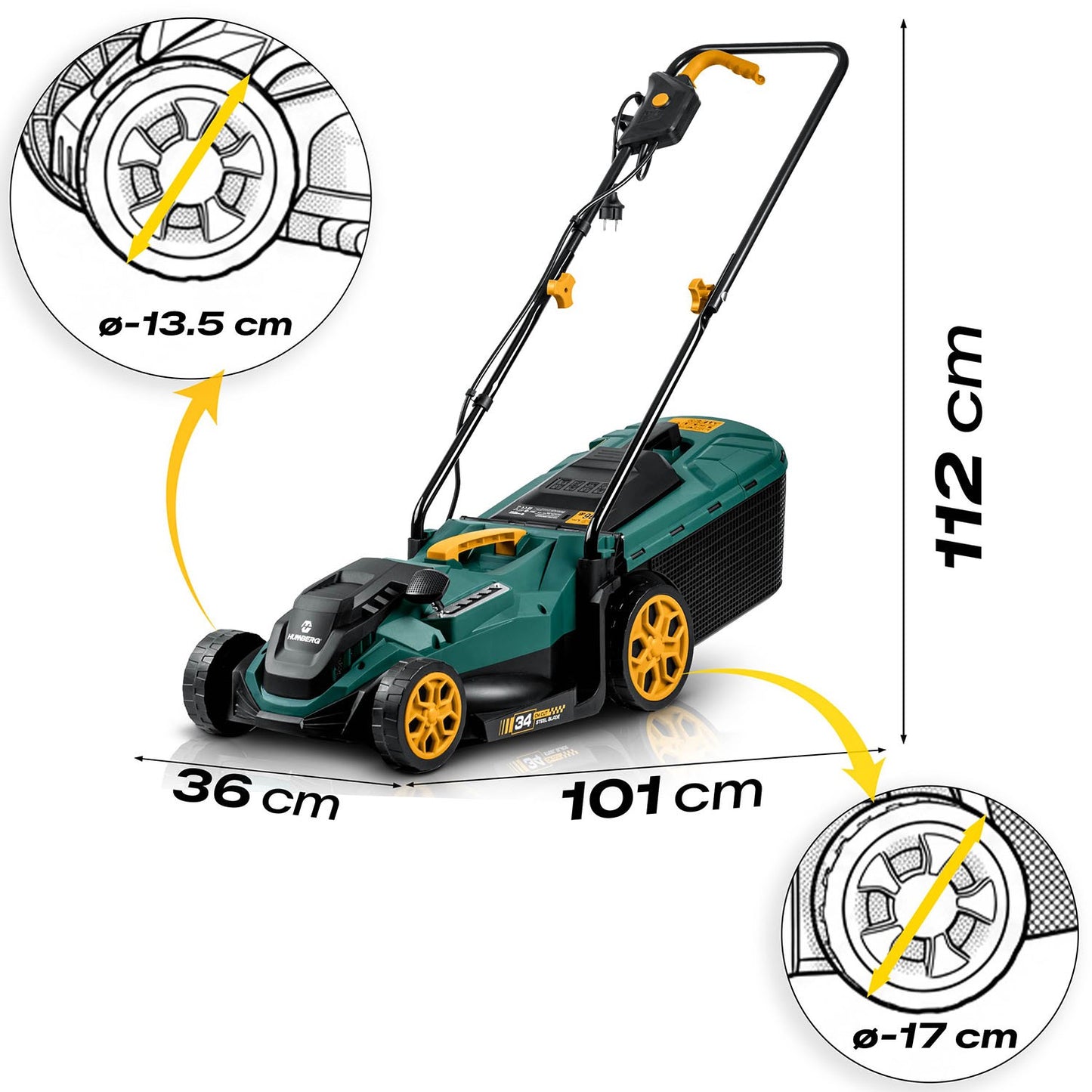 Electric Lawn Mower, 1400W, 34cm Cutting Width