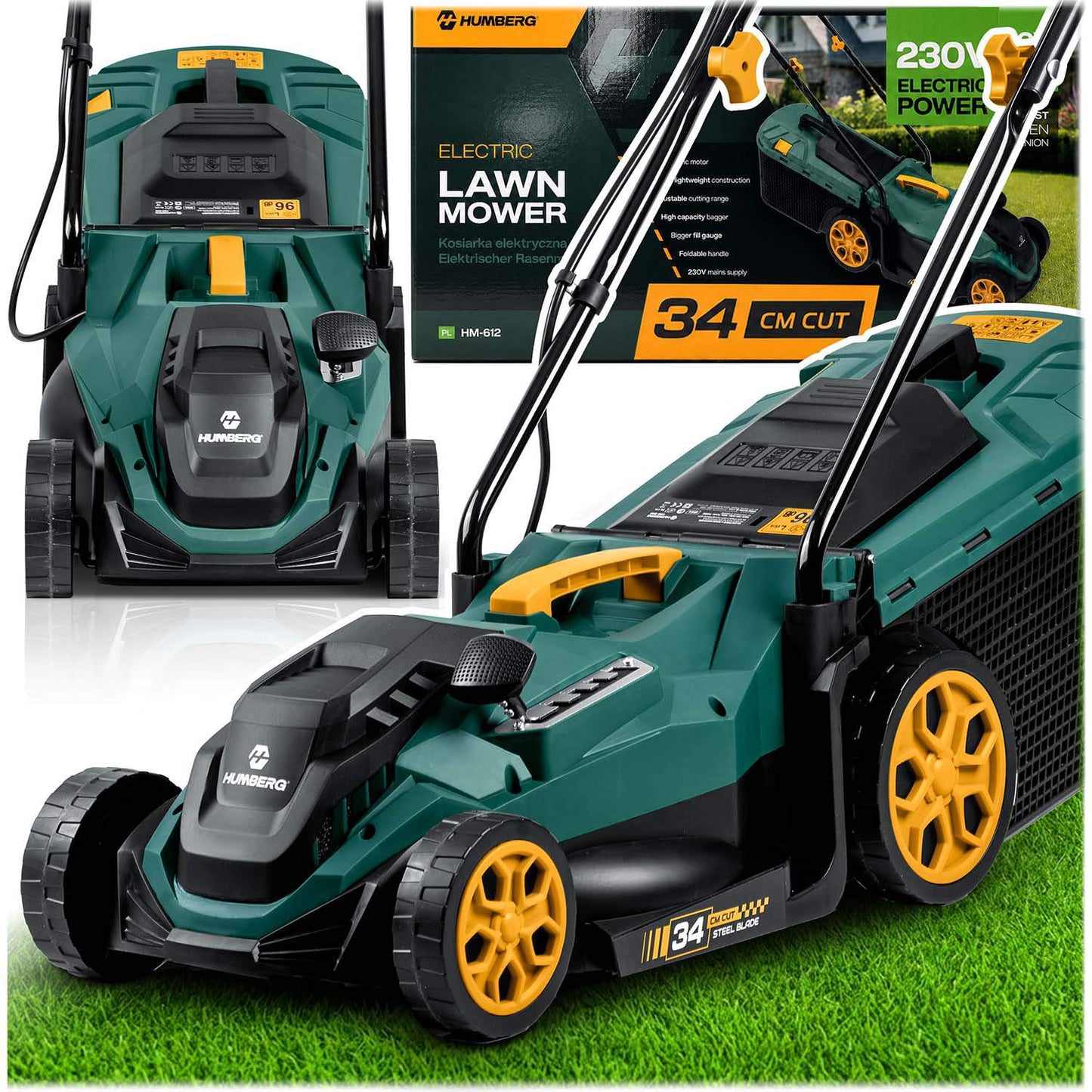 Electric Lawn Mower, 1400W, 34cm Cutting Width