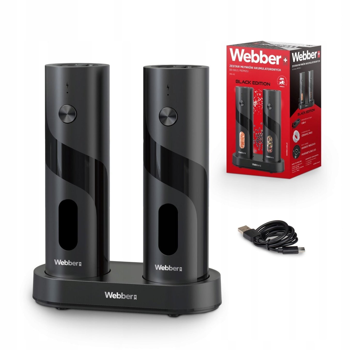 Electric Salt & Pepper Grinder Set, USB Rechargeable, 2-Pack