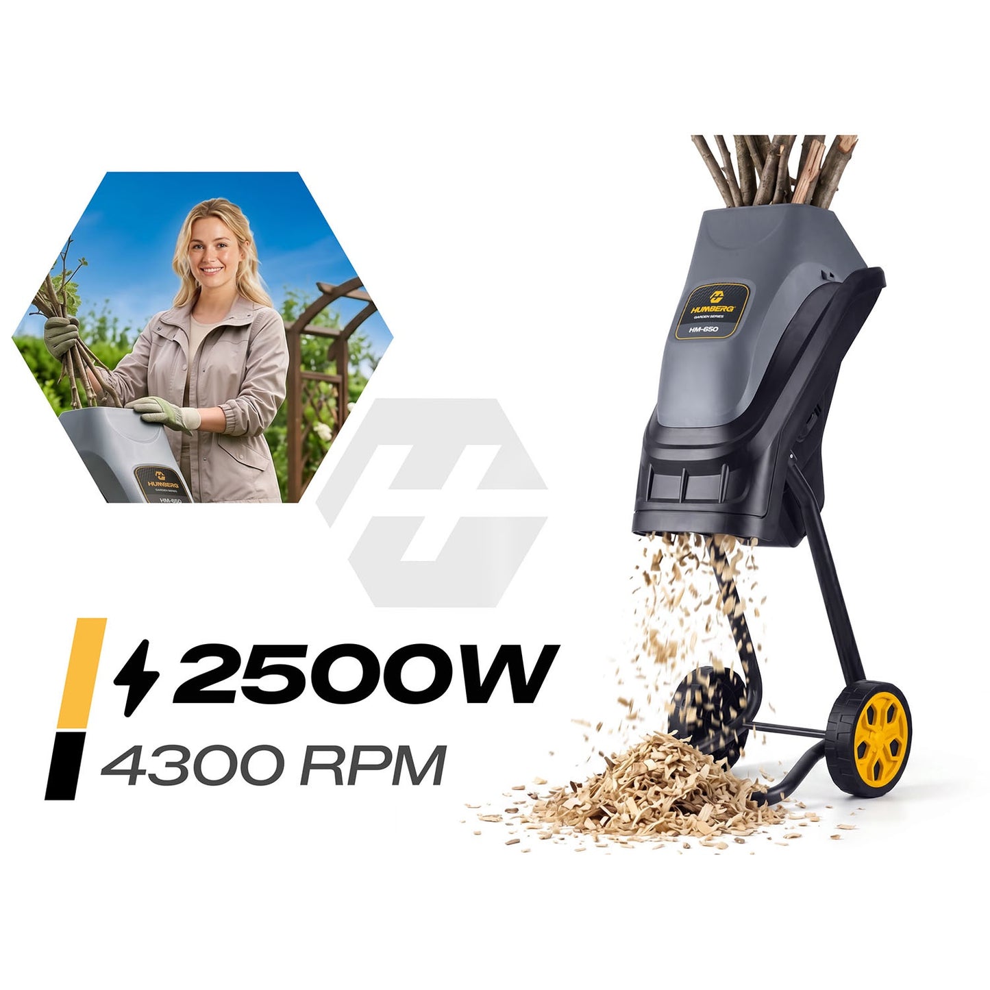 Electric branch shredder 2500 W + 2x 45l bag Humberg HM-650