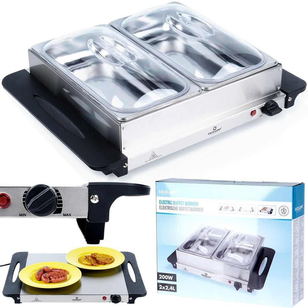Electric food warmer, steel, 2 inserts