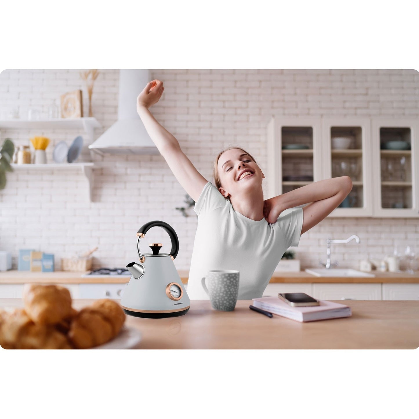 Electric kettle with thermometer, 1.7L, grey, BD-701