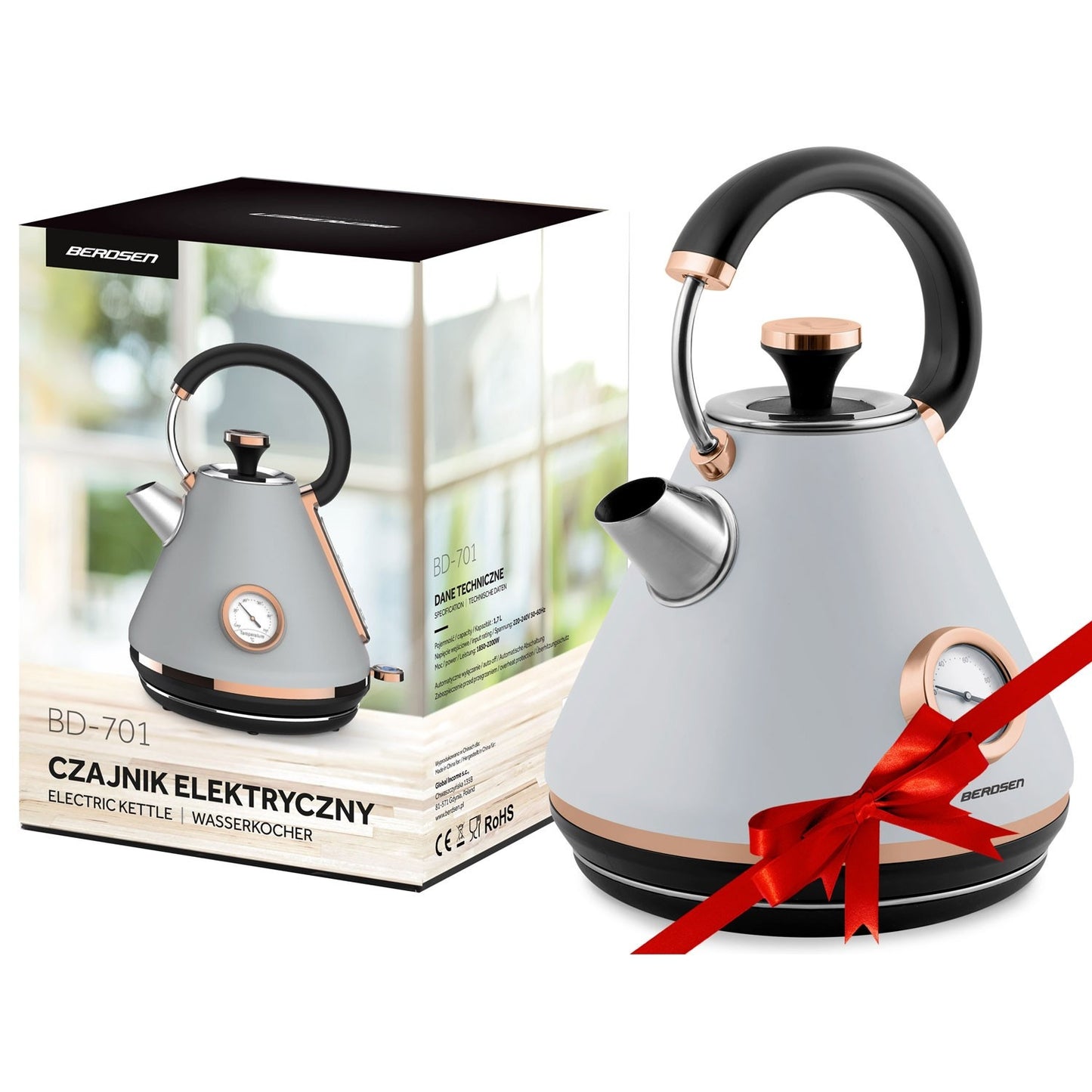 Electric kettle with thermometer, 1.7L, grey, BD-701