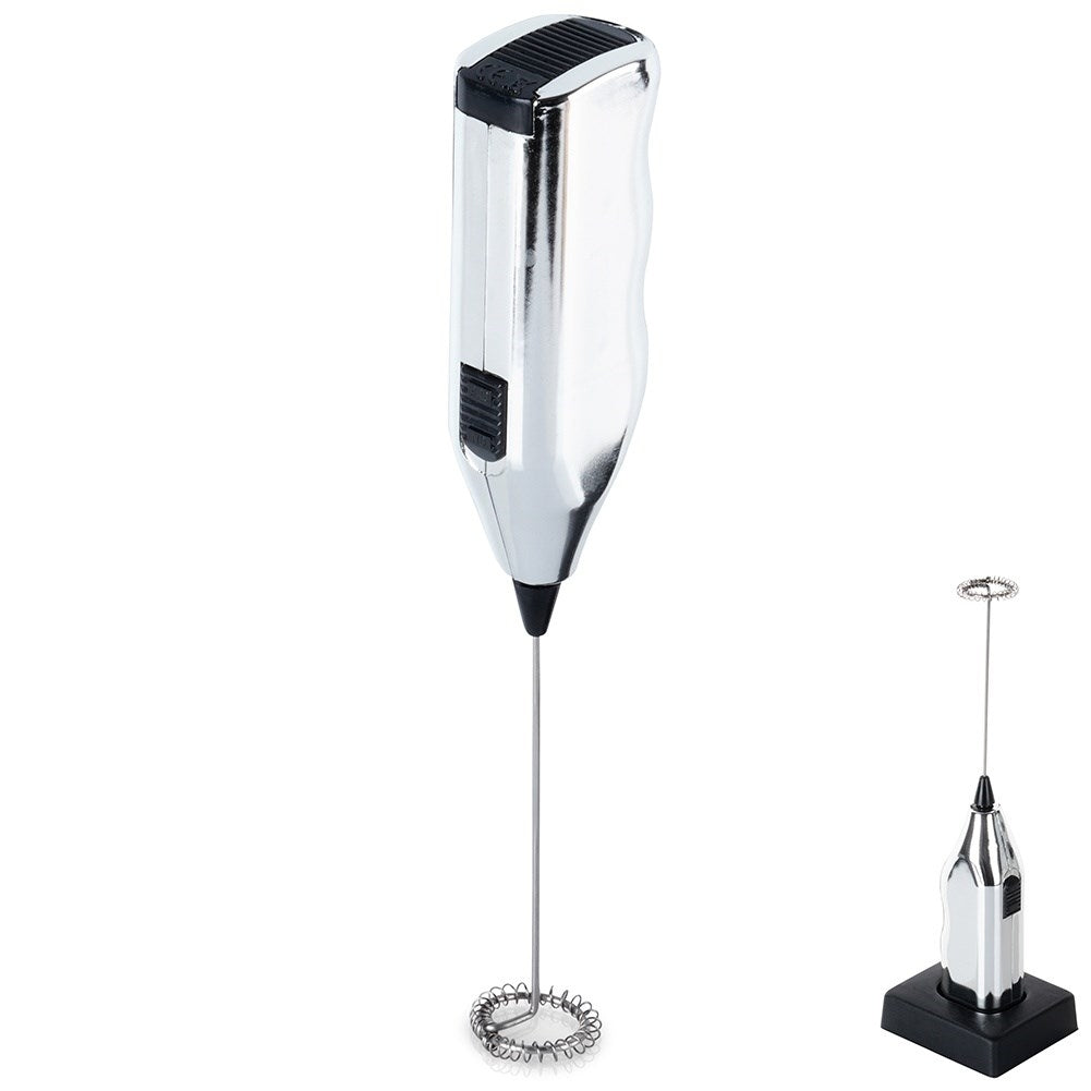 Electric milk frother with stand, battery powered