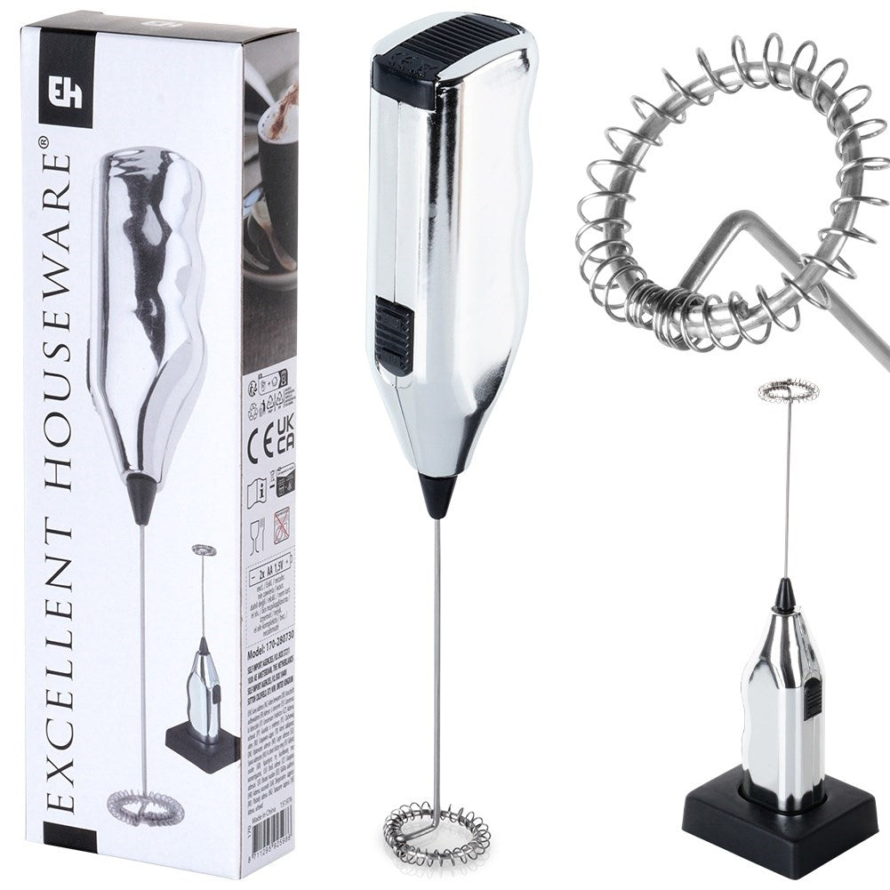 Electric milk frother with stand, battery powered