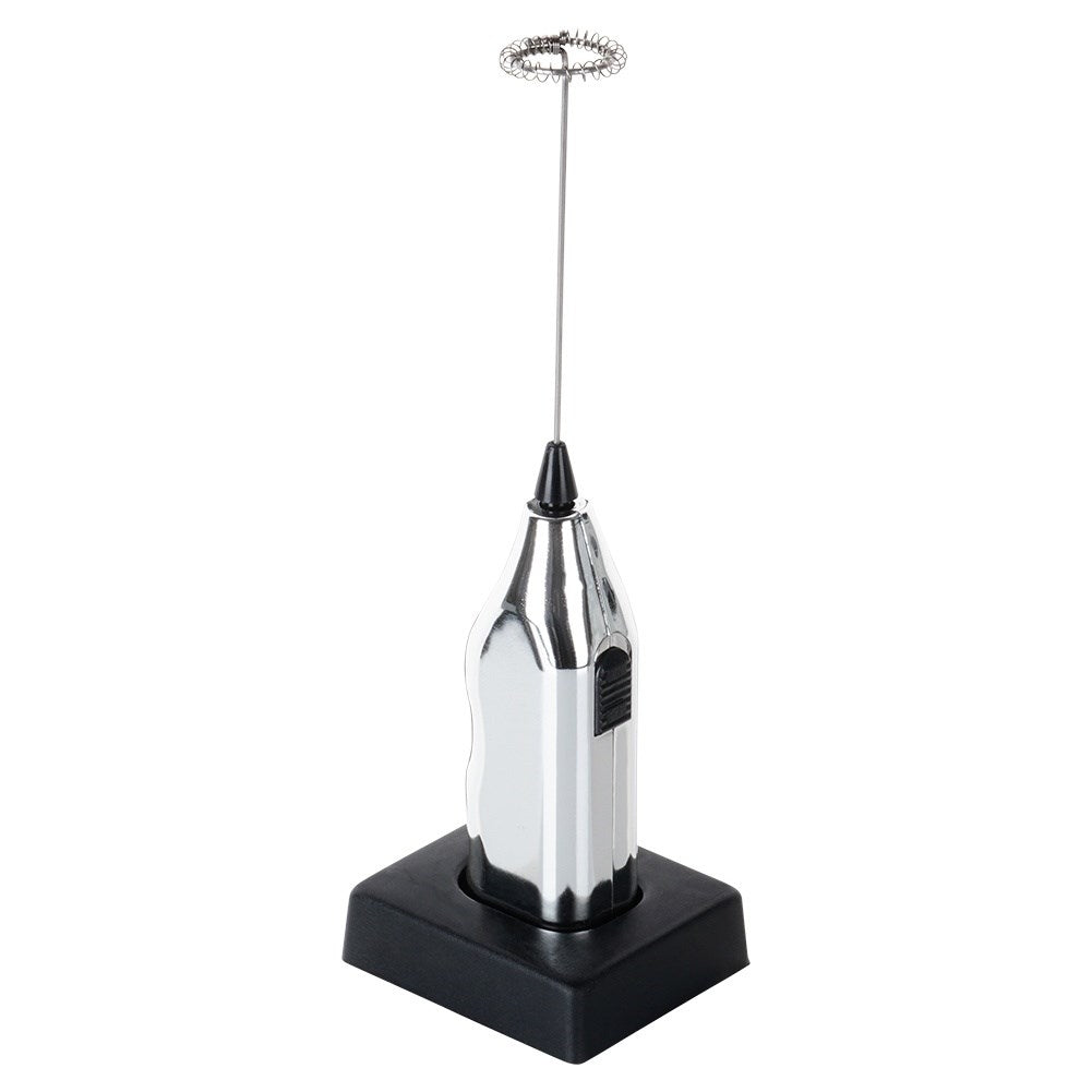 Electric milk frother with stand, battery powered