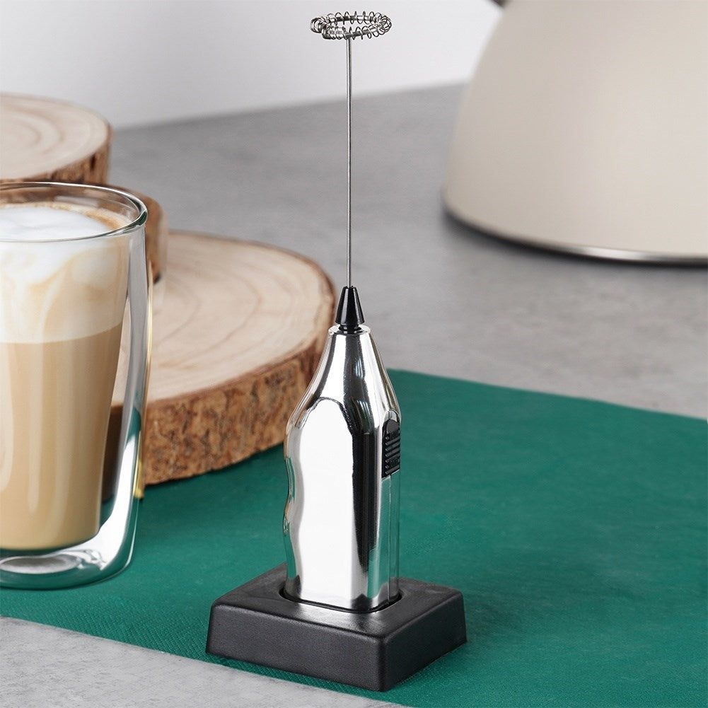 Electric milk frother with stand, battery powered