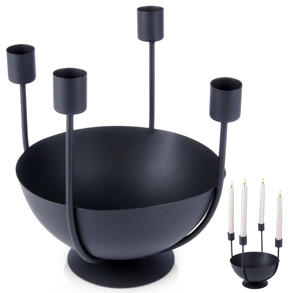 Elegant Black Candle Holder for 4 Long Candles with Bowl