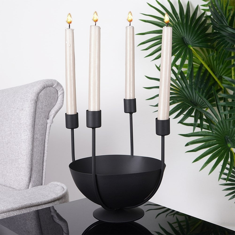 Elegant Black Candle Holder for 4 Long Candles with Bowl